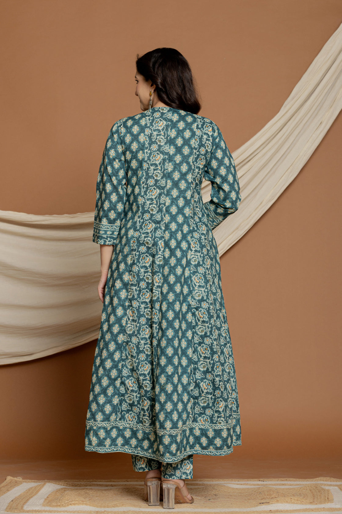 Back view of the teal green printed Anarkali dupatta set, showing the elegant flare and consistent print pattern on the kurti and comfortable silhouette.