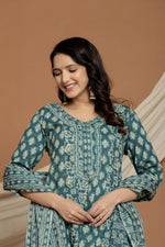 Side profile of model showcasing the voluminous tiered flare and comfortable movement of the teal green printed Anarkali dress with dupatta.