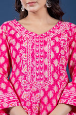 Close-up of the V-neckline and intricate geometric print on the upper body of the fuchsia pink Anarkali kurta, highlighting pattern detail.