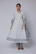 Side view of model showcasing the long, elegant trail of the white and blue Jaipuri print dupatta, complementing the cotton Anarkali set.