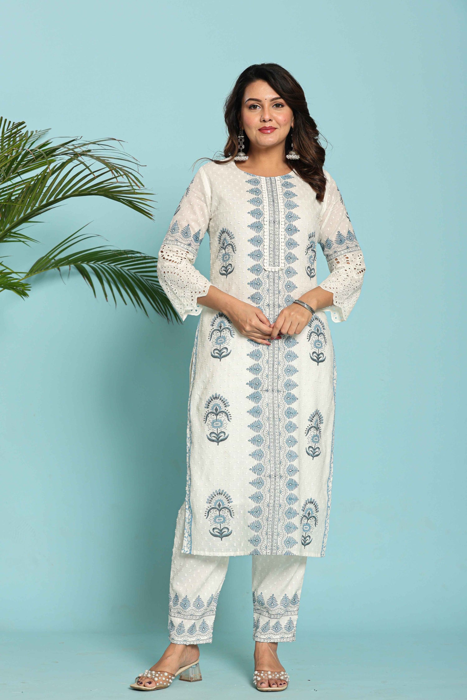 Side profile of model showcasing the comfortable fit and elegant drape of the white and blue original hand block dupatta set.