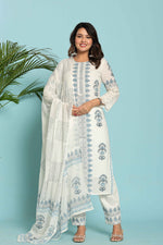 Model wearing a white and blue original hand block dupatta set from The Navra, featuring intricate blue floral and geometric prints on the kurta, and a matching patterned dupatta. Ideal for comfortable daily or casual ethnic wear.