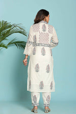 Back view of the white and grey original hand block dupatta set, showing the consistent print pattern on the kurti and pants, with the matching patterned dupatta.