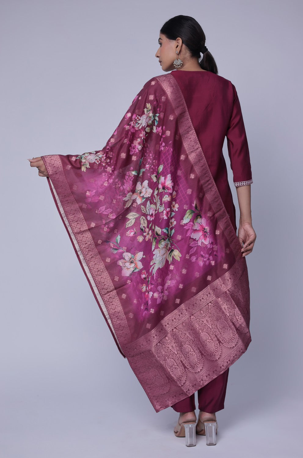 Back view of the wine soft silk suit set, showing the elegant drape of the kurta and printed jacquard dupatta.