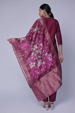 Back view of the wine soft silk suit set, showing the elegant drape of the kurta and printed jacquard dupatta.