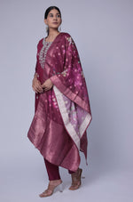 Model in a confident stance, highlighting the full length and overall elegant design of the wine soft silk suit set.